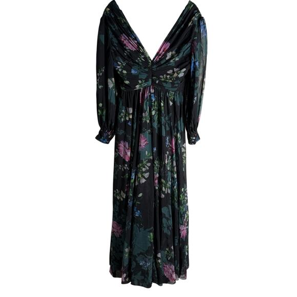 Badgley Mischka Black Floral Print Long Sleeve V-Neck Pleated Chiffon Gown 12 - Picture 13 of 16